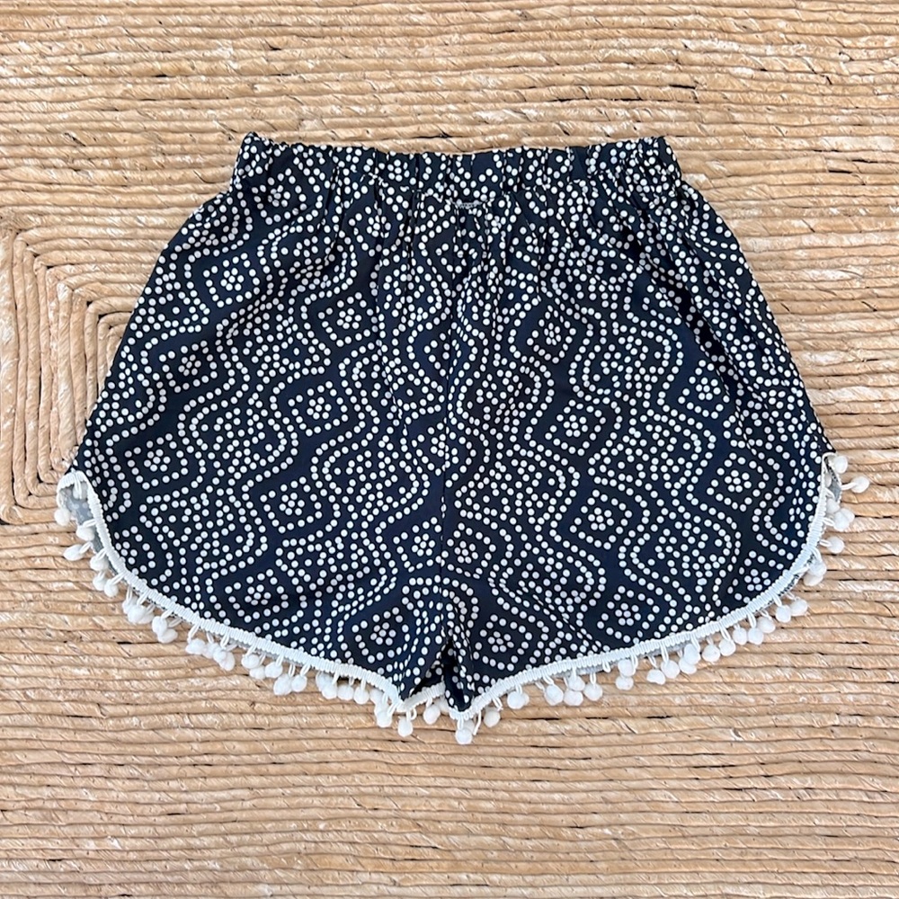 Boho Shorts. Black w/ White Polka Dots & Pom Poms. Small / Medium.